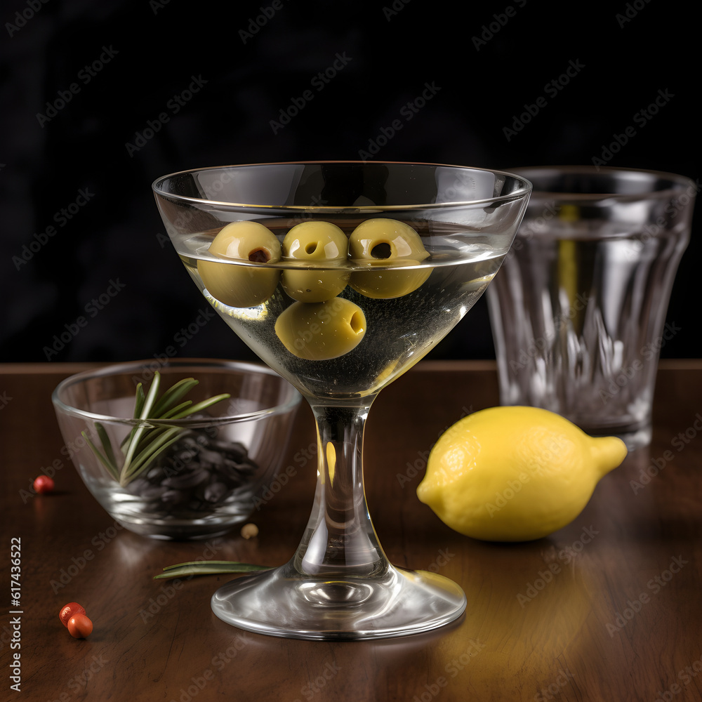 classic martini in a sophisticated glass, with olives, on dark background, Generative AI classic martini in a sophisticated glass, with olives, on dark background, Generative AI
