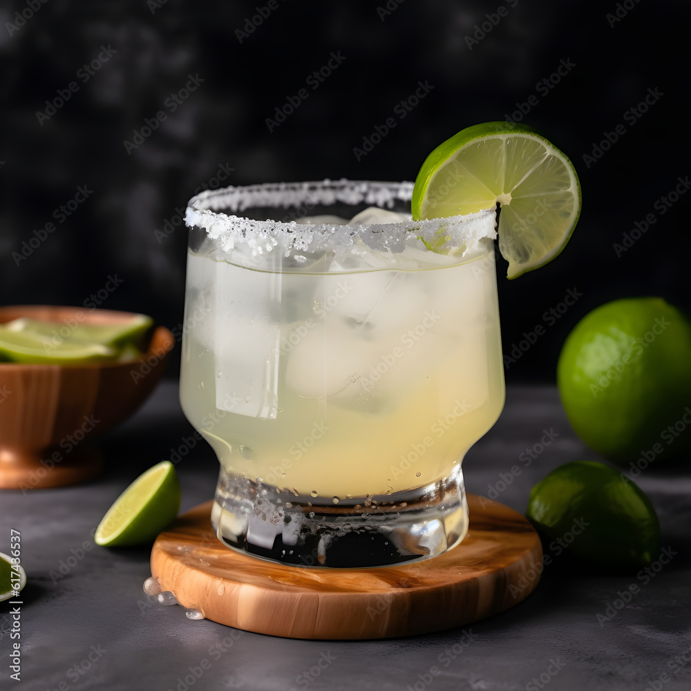 Fototapeta premium cocktail margarita in a wide salt-rimmed glass, with tequila and lime juice, Generative AI