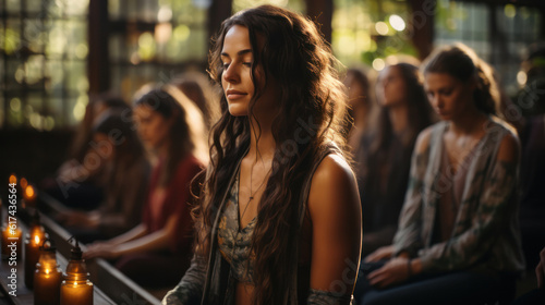 Group of people meditating in a yoga studio © Sasint