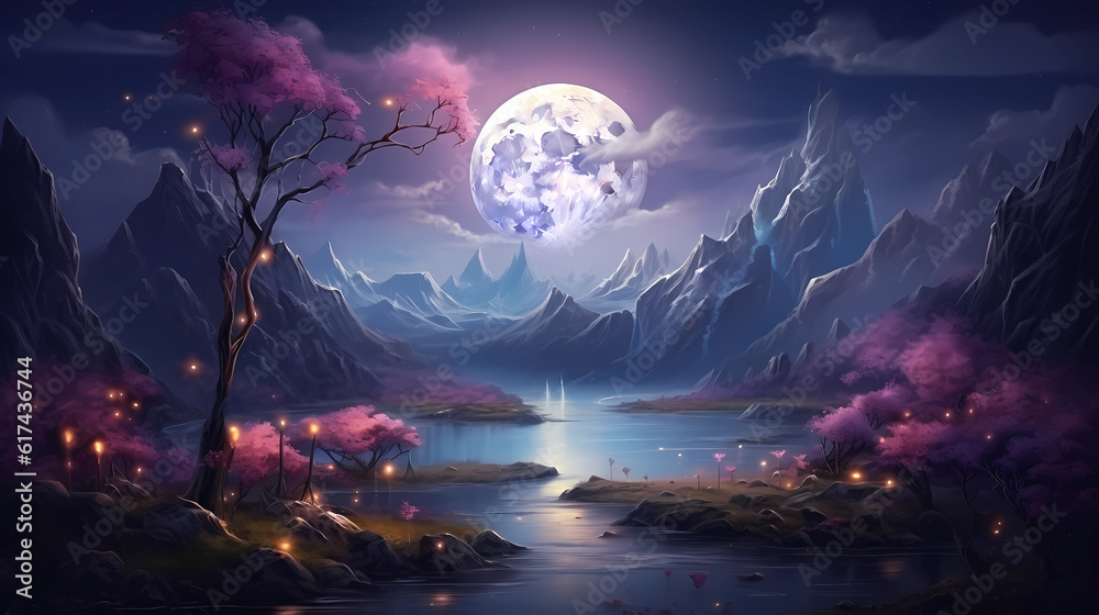 Beautiful night scenery illustration by the lake
