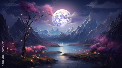Beautiful night scenery illustration by the lake 