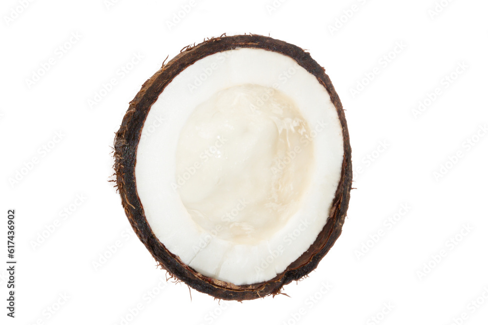 Half a coconut in a coconut shell on a blank background. PNG Half a coconut in a coconut shell on a blank background. PNG