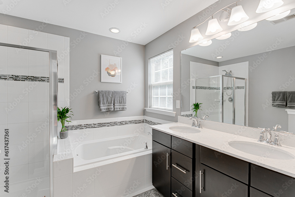 Fototapeta premium Clean Calm Bright Modern Traditional Farmhouse Residential Primary Bathroom with tub jacuzzi and shower minimal styling