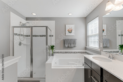 Clean Calm Bright Modern Traditional Farmhouse 
Residential Primary Bathroom with tub jacuzzi and shower minimal styling