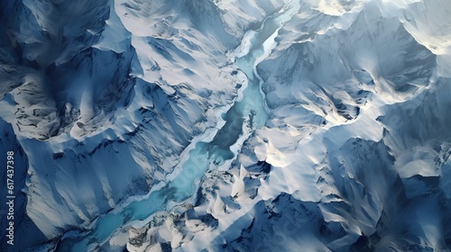 Landscape of mountains with glaciers. Aero view. Generative ai image.