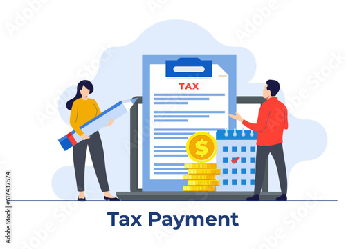 Online tax payment flat illustration vector template, Paperwork, Tax form, Audit, Financial research report and calculation, Financial Accounting