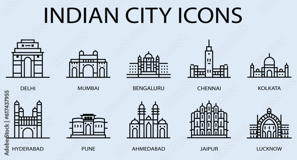 A beautiful, simple, and uniform line icon of the best cities in India.