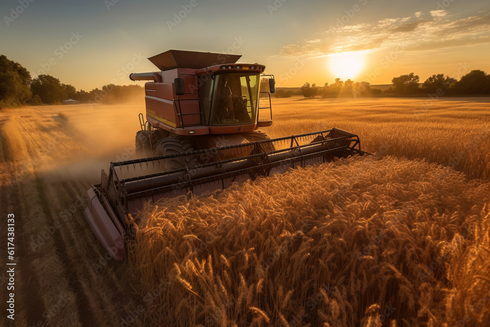 Fototapeta premium Combine harvester harvests ripe wheat. Modern agriculture. Generative ai image.