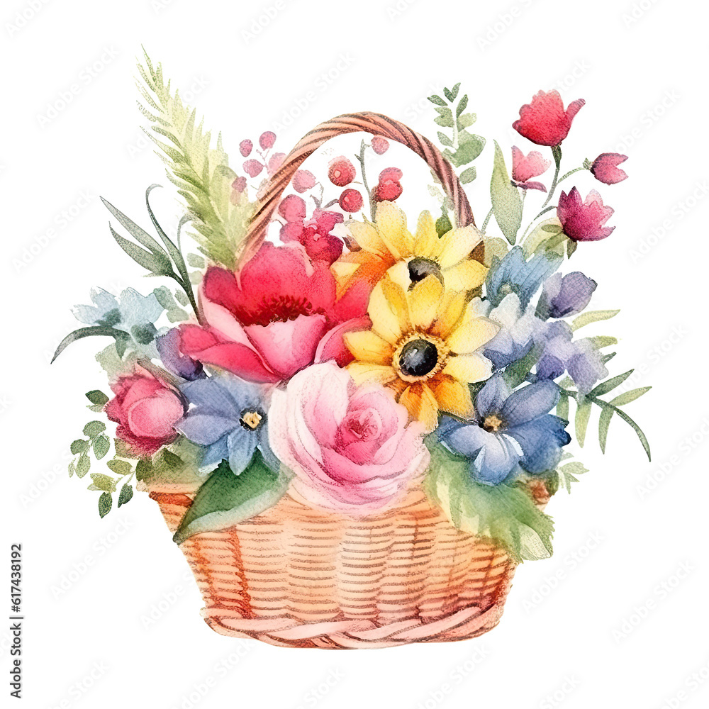 Cute watercolor flowers in basket. Illustration AI Generative.