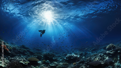 Scuba diving, coral reef and fish in ocean