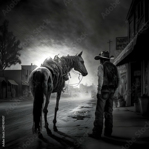 hyperrealistic black and white photo of a festering emaciated zombie horse biting a helpless cowboy on the shoulder in the middle of a western village street in the dramatic light of an Indiana  photo