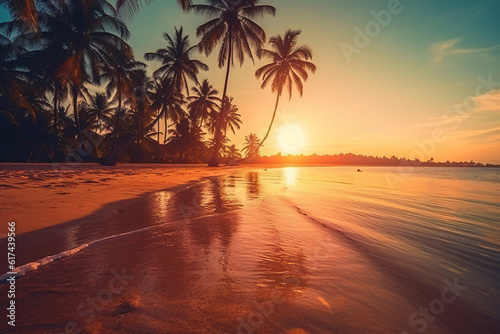 Sunny exotic beach by the ocean with palm trees at sunset summer vacation by the sea photography © yuniazizah
