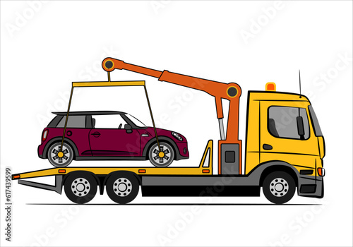 Yellow Tow truck delivers the damaged vehicle. Tow truck city road assistance service evacuator. Parking violation.  Sign of a tow truck. Vector illustration EPS 10