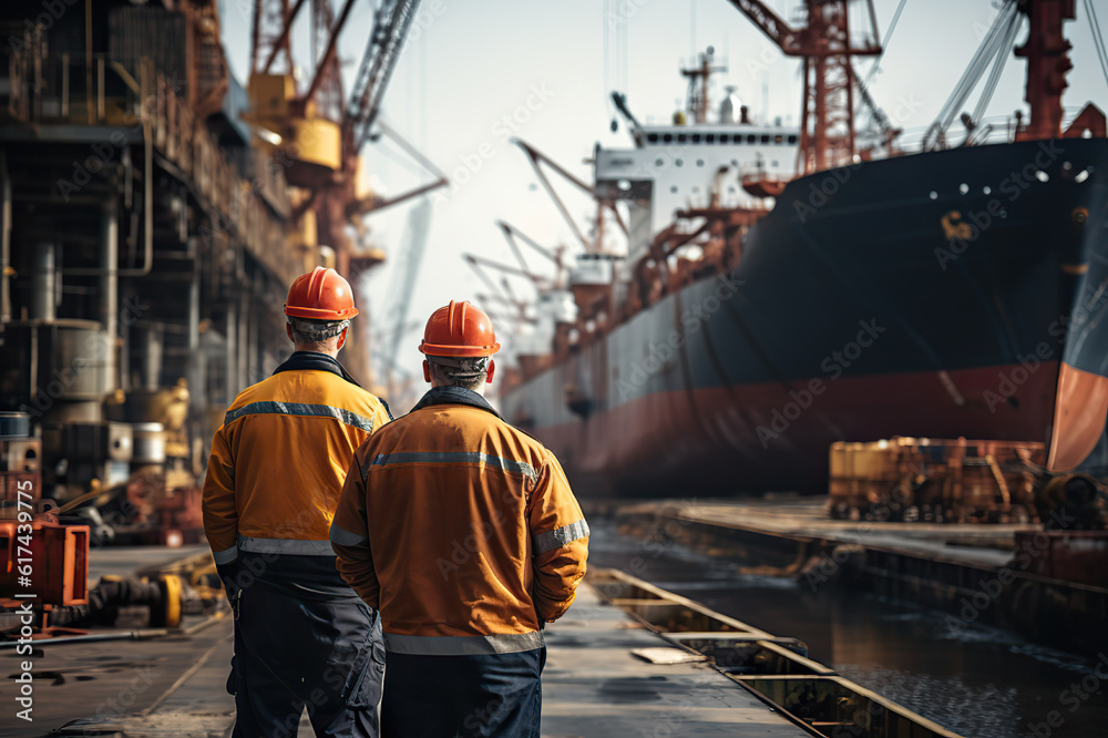 Back View of Shipyard Workers with a Majestic Ship Under Construction. created with Generative AI Back View of Shipyard Workers with a Majestic Ship Under Construction. created with Generative AI