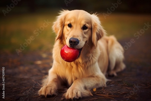 Golden Retriever Playful Pup with an Apple in its Mouth. AI
