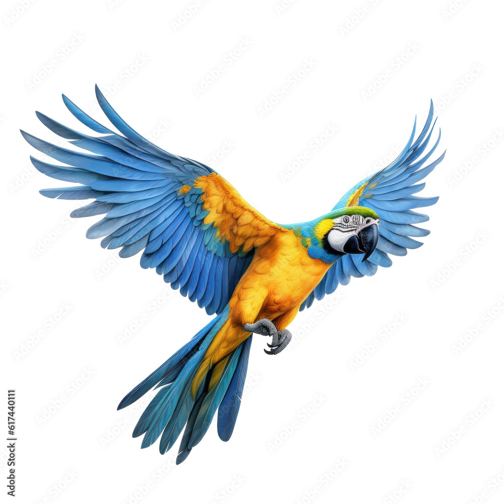 Fototapeta premium Blue and yellow macaw isolated. Illustration AI Generative