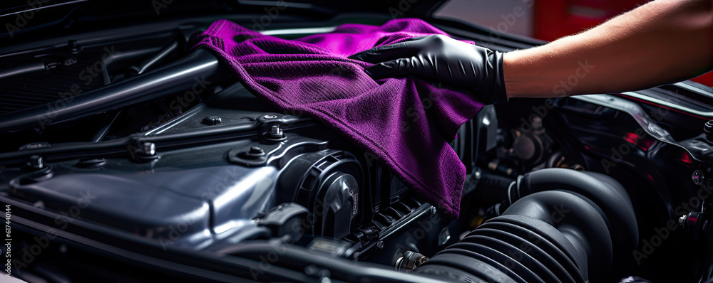 Cleaning the car engine with a microfiber cloth. generative ai - obrazy, fototapety, plakaty 