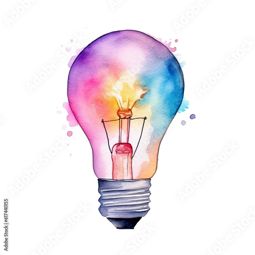 Watercolor Idea Light Bulb. Illustration AI Generative.