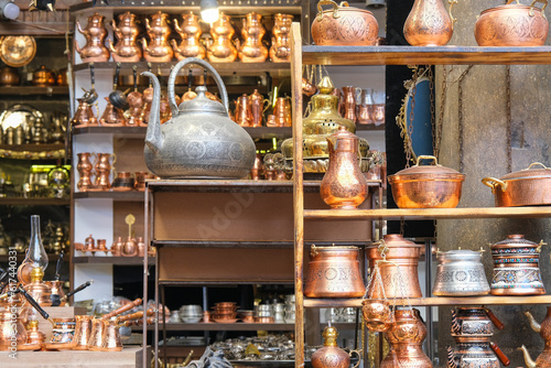 Turkish pots, tea, coffee kettles and souvenirs are made of copper. Turkish teapots in the Bakırcılar Bazaar in Gaziantep. © exithope