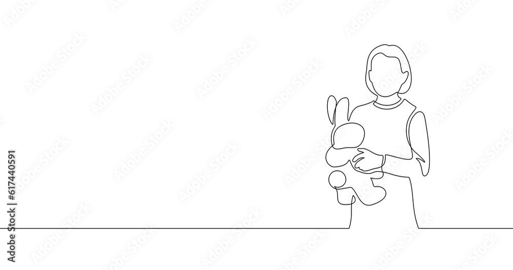 Animation of an image drawn with a continuous line. Girl with a toy hare in her hands. Animation of an image drawn with a continuous line. Girl with a toy hare in her hands.