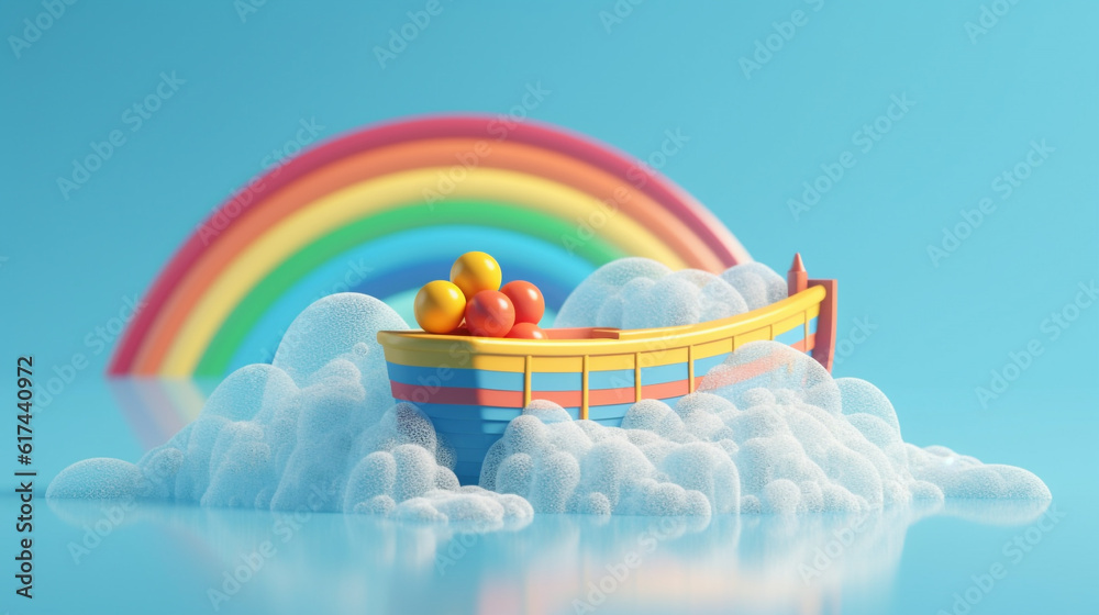 rainbow and clouds sea ship minimal rendering background Stock ...