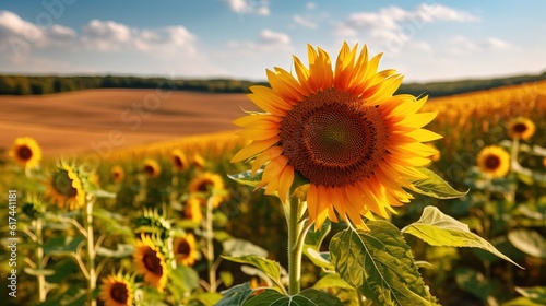 Beautiful field of blooming sunflowers  day light. Generative ai image.
