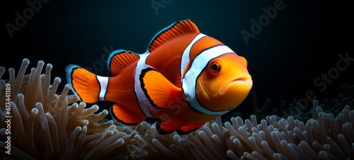 Sea animal salt water fishes background - Clownfish (amphiprion percula) on coral reef, cute anemone fish (Generative Ai)