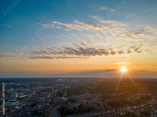 An aerial photo of Ipswich, Suffolk, UK at sunset