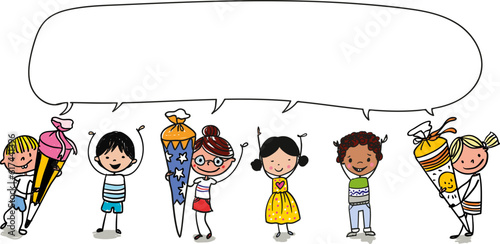 Hand-drawn Vector Cartoon template boys and girls at school speaking a message in a big bubble. Colored Vector Sketchnote illustration showing diverse boys and kids.