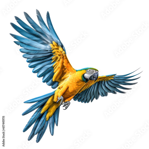 Blue and yellow macaw isolated. Illustration AI Generative