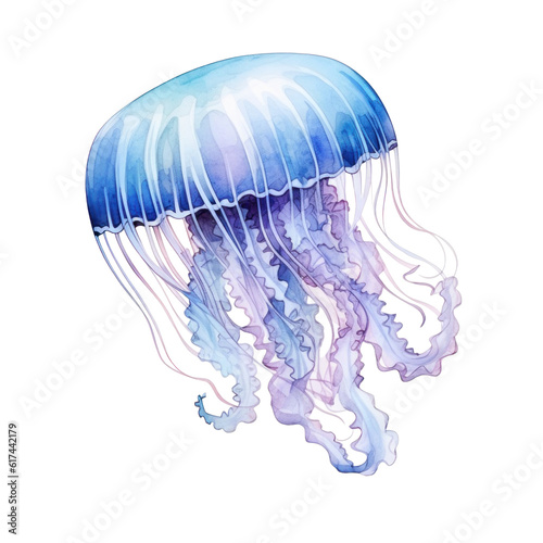 Watercolor Jelly Fish Isolated. Illustration AI Generative.