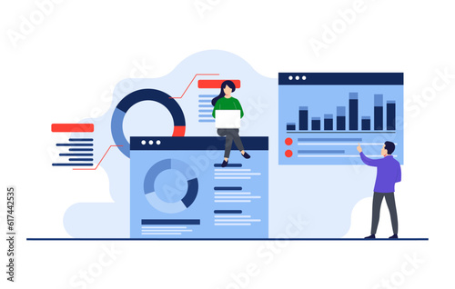 A team of specialists looking at business analytics dashboards, Business analysis, SEO optimization, Financial reports, Statistics, Financial Research, Marketing, Team monitoring investments
