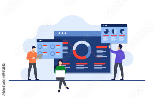 Business analysis flat illustration, Infographic background of SEO optimization, Business people looking seo analytics dashboards, Financial reports, Statistics, Financial Research, Marketing