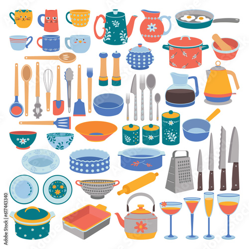 Kitchen utensils, spoon, fork, knife, kettle, pitcher, mug, whisk, ladle, plate, bowl.