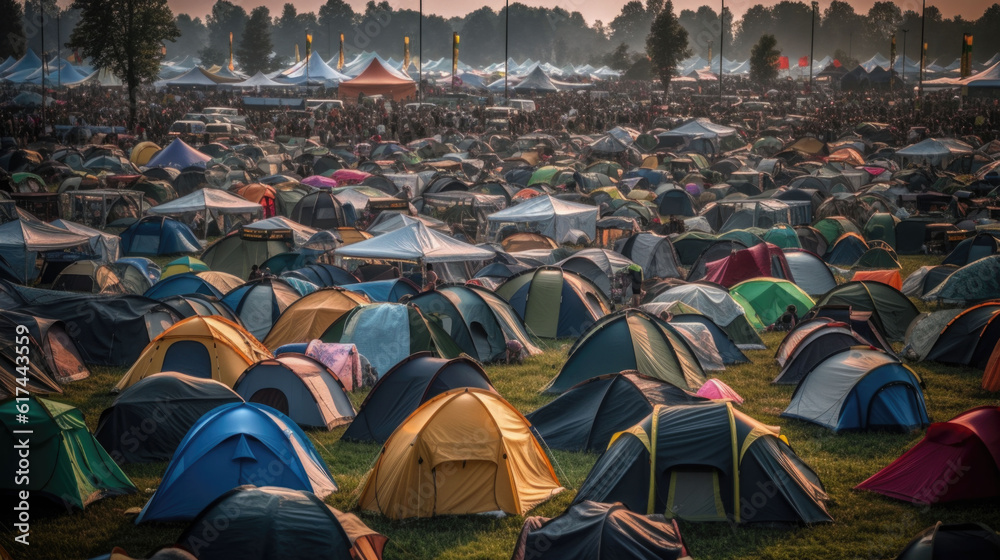a large tent city on a site at a music festival. Generative AI - obrazy, fototapety, plakaty 