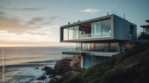 a modern luxury villa on a cliff directly on the beach by the sea. Generative AI