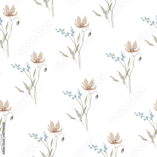 Wallpaper Mural Watercolor seamless pattern with leaves, flowers. Pattern with wildflowers, herbs. Forest motifs. Boho style, gentle, children's print. Ecostyle. Torontodigital.ca
