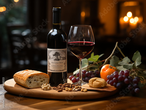Gastronomic photo of a glass of red wine and a bottle