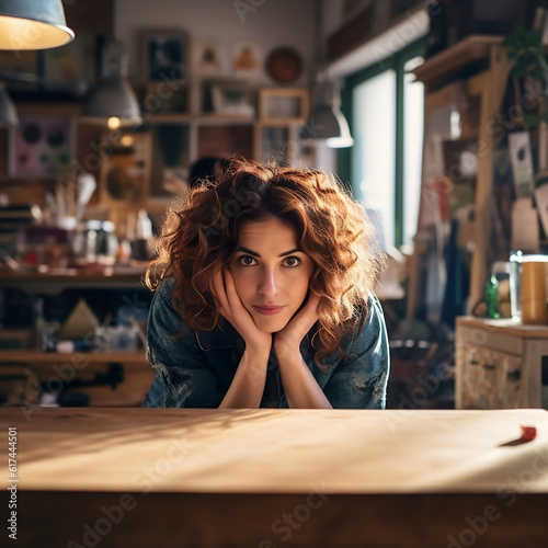 Beautiful and confident woman facing the camera with a workshop in the background, smiling and ready. Generative AI.