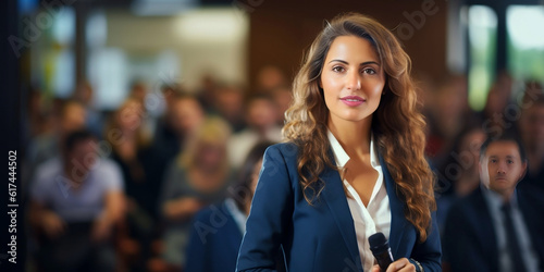 Confident businesswoman with expertise and leadership skills, delivering a corporate presentation at a seminar, trade show or conference. Generative AI