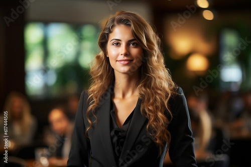 Confident businesswoman with expertise and leadership skills, delivering a corporate presentation at a seminar, trade show or conference. Generative AI