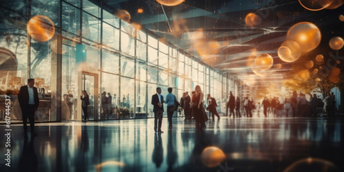 Blurred Business people walking in a conference, seminar or trade fair. Modern architecture, building. Talking and making connections, exchanging ideas. 