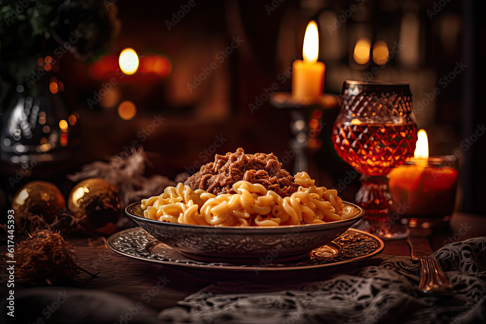 Gorgeous photo of Goulash, Spaetzle, mashed potatoes, onions