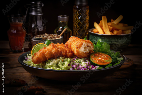 Gorgeous Photo of Fish and Chips: Tartar Sauce & Coleslaw photo