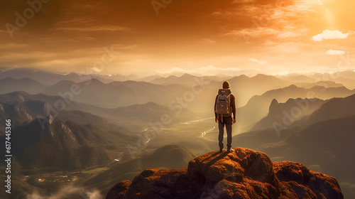 hiker on the top of mountain. Generative AI © Fahad