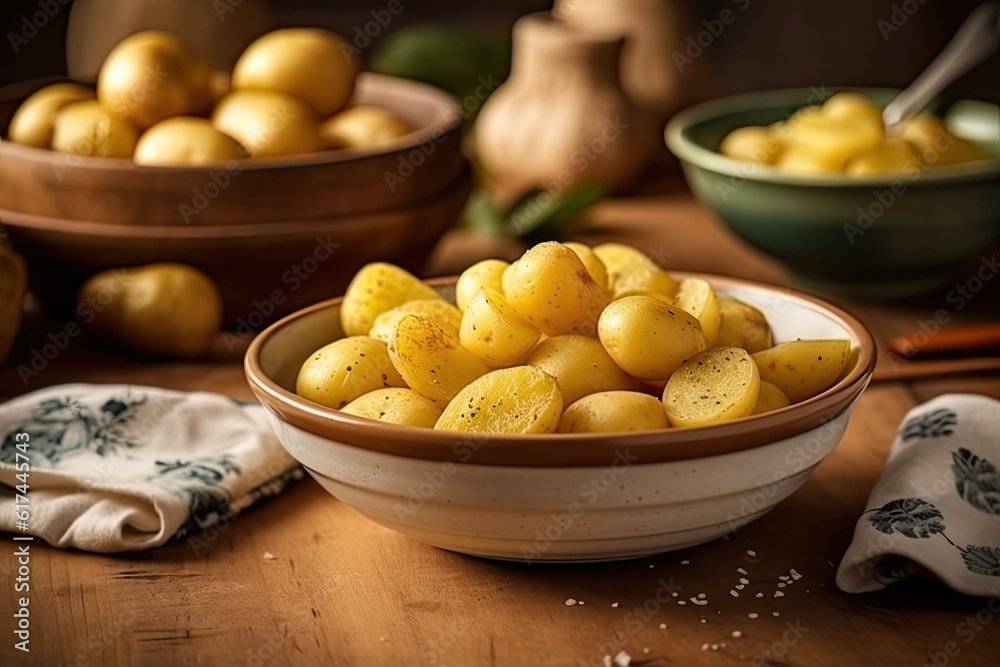 Raw potatoes on a table and in a bowl with a pre Raw potatoes on a table and in a bowl with a pre