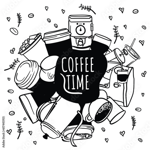 Cute doodle cartoon of coffee cup design with coffee time text for coffee shop background design