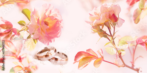 Fototapeta Naklejka Na Ścianę i Meble -  Bright pink rose blossoms with wedding rings. Tender concept background for wedding banner and invitations cards.