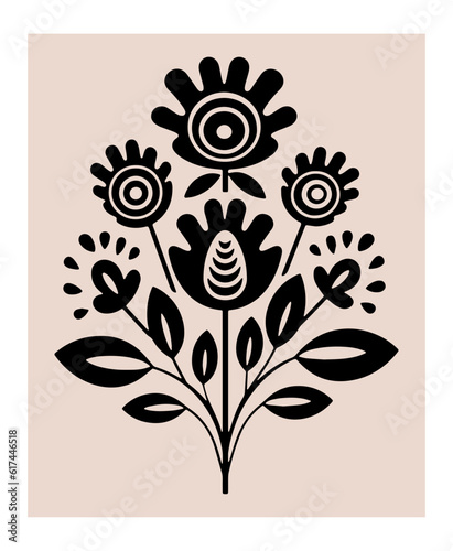 Symmetrical ornament with flowers and leaves, scandinavian folk art poster. Floral silhouette composition. Ethnic botanical vector illustration.