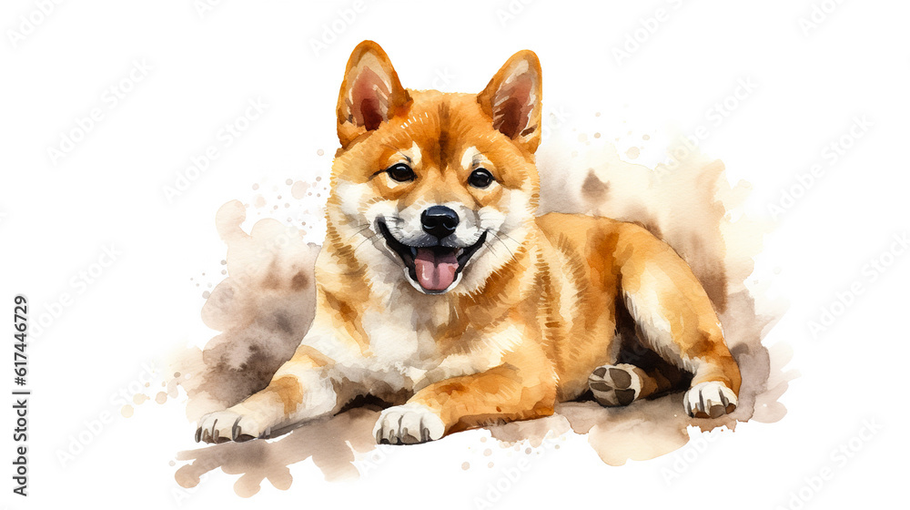 Watercolor painting of Shiba dog isolated on white background. Digital illustration generative AI.